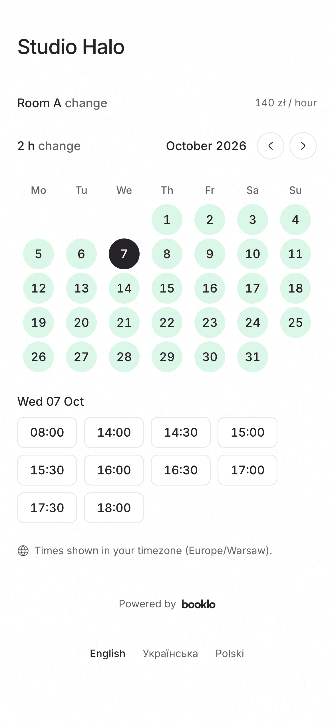 The studio's live booking page on a phone: Room A for two hours, the month with open days, Wednesday's free windows.
